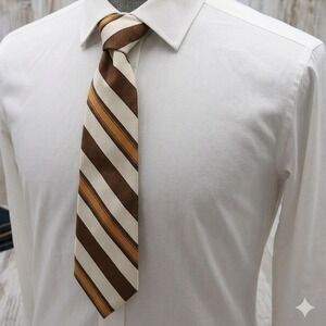 Walker's Vintage Mens Striped Tie Brown Tan Cream Trevira Polyester Ribbed